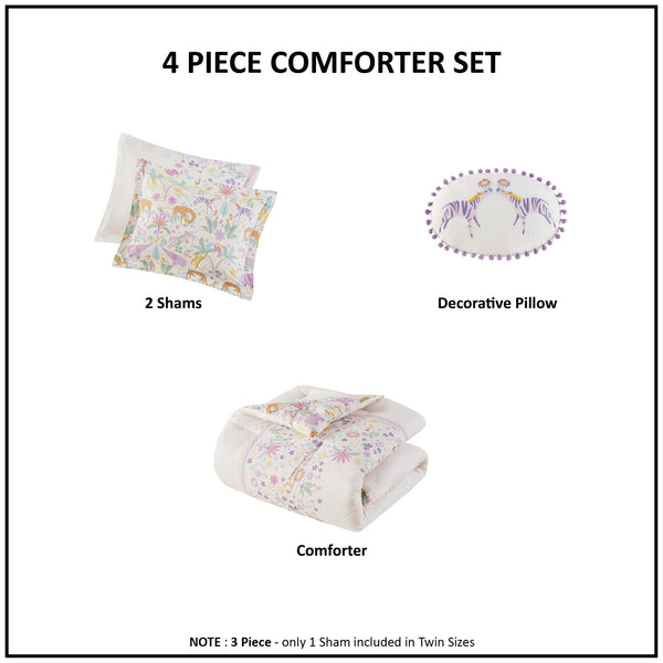 English Elm 4 Pcs Floral Reversible Cotton Comforter Set For Full/Queen With Stylish Throw Pillow - Purple Elegance B035P319909