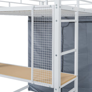 English Elm Full Loft Metal Bed with Built-In Desk, LED Strip, Power Outlet and Fabric Wardrobe for Space-Saving Living White SF000179AAK