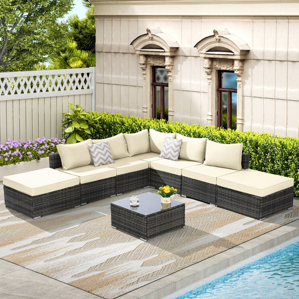 English Elm 8 Piece Modular Wicker Sectional Set with Tempered Glass Table for Patio Resort Style Beige W874S00057