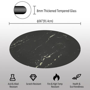 English Elm 36"inch Round Tempered Glass Tabletop Marble Print Indoor Outdoor Dining Patio Black W241P361489
