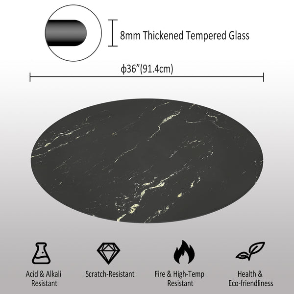 English Elm 36"inch Round Tempered Glass Tabletop Marble Print Indoor Outdoor Dining Patio Black W241P361489