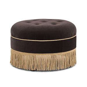English Elm Jennifer Taylor Home - Yolanda Round 24" Upholstered Accent Ottoman in Performance Velvet with Tassel Fringe, Durable Build Brown B2719P358854
