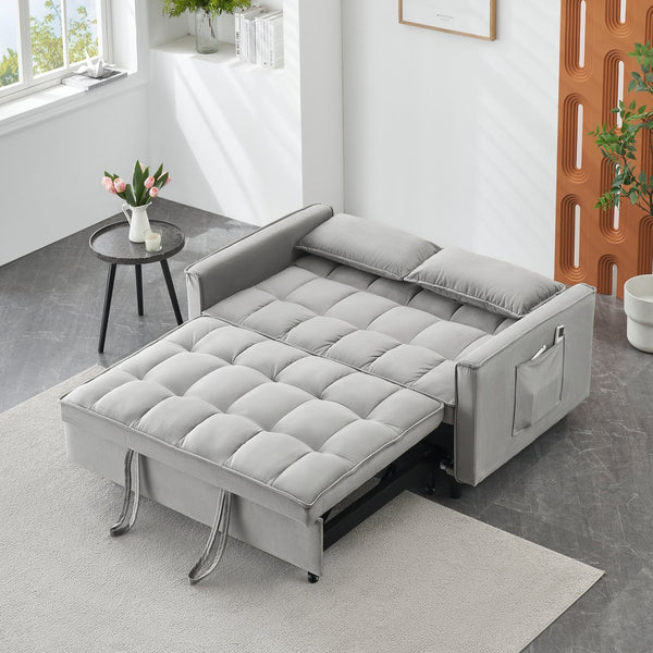 English Elm Modern Velvet Loveseat Futon Sofa Bed 3-in-1 Convertible Small Sleeper Couch with Recline, Pillows, Pockets, Beige Gray W3371P315000