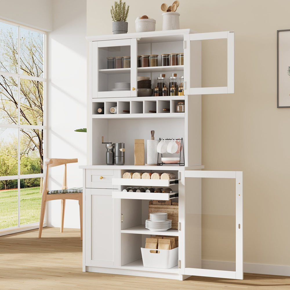 English Elm Topmax Farmhouse Buffet Hutch with Wine Rack Shaker Glass Pantry Cabinet White N717P327043K