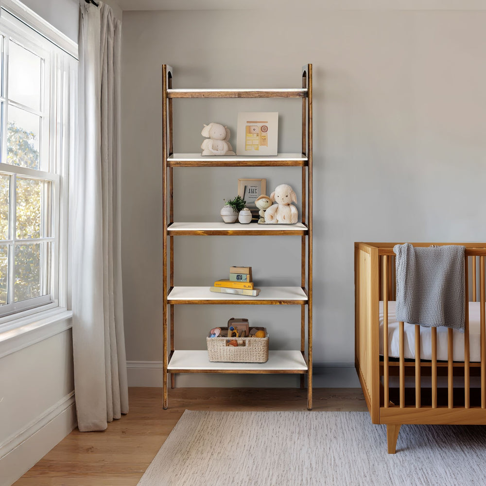 JLA Home Madison Park - Shelf Mid-Century Two-Tone Bookcase with Open Shelves, Pecan & Off-White Finish, Versatile Storage MP138-0128