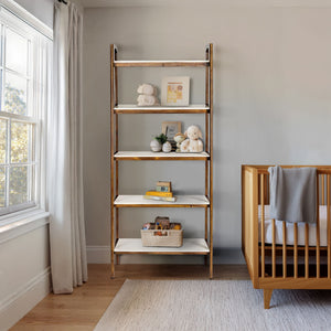 JLA Home Madison Park - Shelf Mid-Century Two-Tone Bookcase with Open Shelves, Pecan & Off-White Finish, Versatile Storage MP138-0128