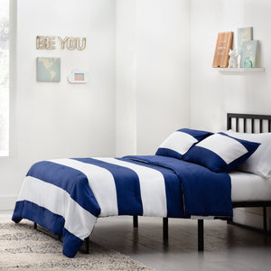 English Elm Linenspa Reversible Microfiber Comforter with Rugby Stripe Pattern, Hypoallergenic Down Alternative Fill Blue B350P326214