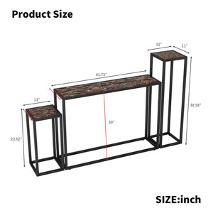 English Elm 3-piece narrow console set with PU leather edges, industrial farmhouse entry table trio, space-saving black brown blend W578P357516