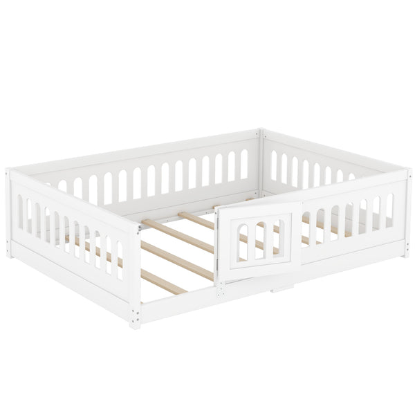 English Elm Full Size Floor Bed With Guardrails & Door - Solid Wood Bedframe For Safe, Stylish Kids' Sleep W1820P240539