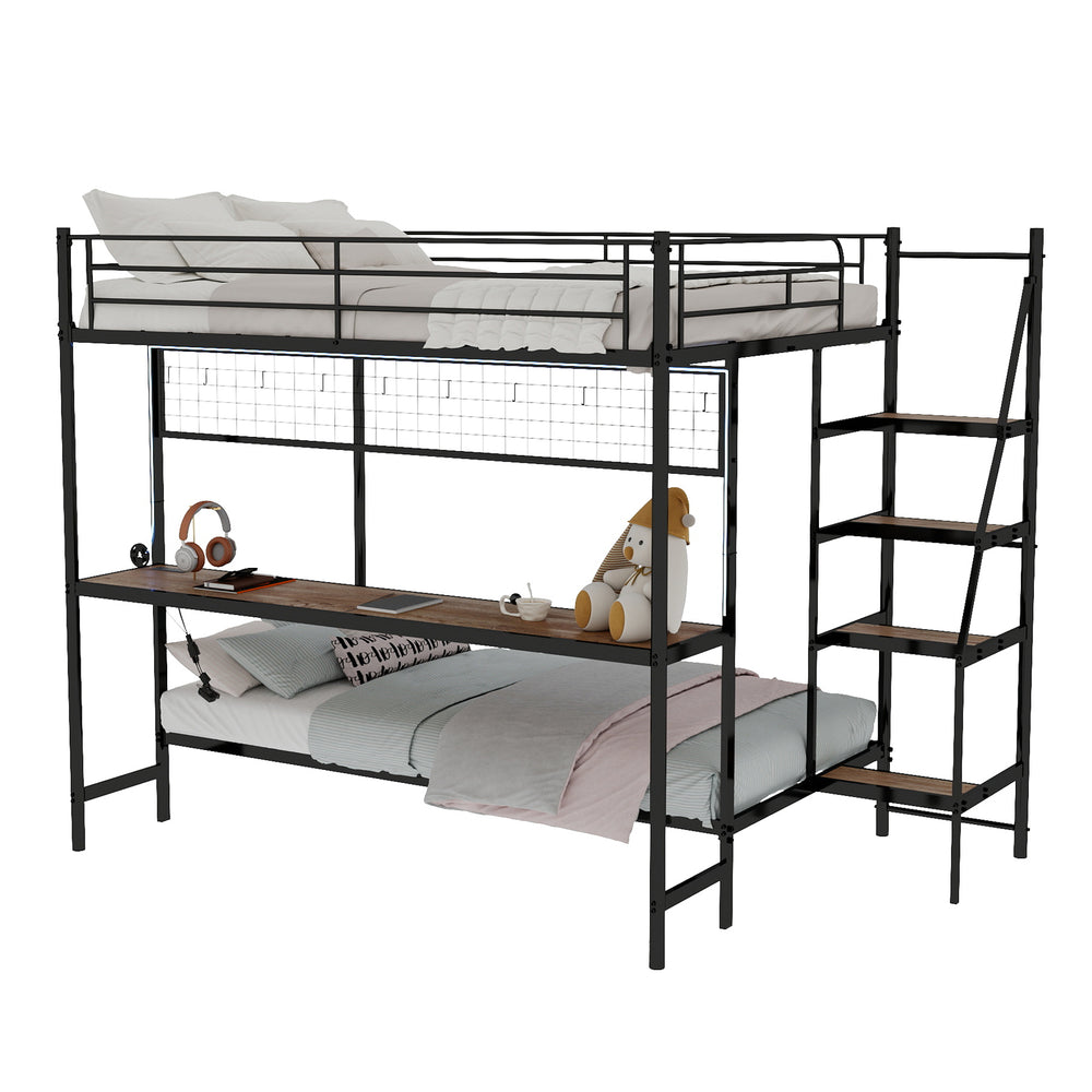 English Elm Full Over Twin Metal Bunk Bed with Desk Led Strip Shelves for Teen Dorm Rooms Antique Black W1935S00009