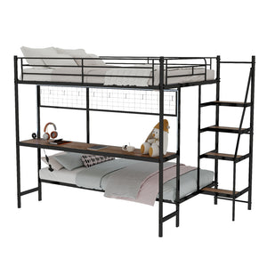 English Elm Full Over Twin Metal Bunk Bed with Desk Led Strip Shelves for Teen Dorm Rooms Antique Black W1935S00009