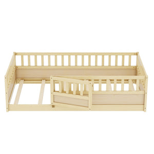 English Elm Twin Size Floor Bed With High Security Barrier & Child-Safe Door - Montessori Natural Wood Frame W1858P197426-GIGA