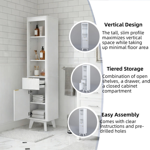 English Elm 68" Tall Fluted Freestanding Storage Cabinet with Drawer and Adjustable Shelf for Bathroom White N817P375218W