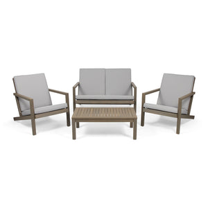 English Elm Christopher Knight Home® - LEAH 4PC Chat Set Beige Acacia Wood Outdoor Patio Sofa Chairs Loveseat Coffee Table, Water-Resistant Cushions 65909.00GRY