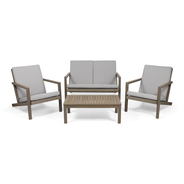 English Elm Christopher Knight Home® - LEAH 4PC Chat Set Beige Acacia Wood Outdoor Patio Sofa Chairs Loveseat Coffee Table, Water-Resistant Cushions 65909.00GRY