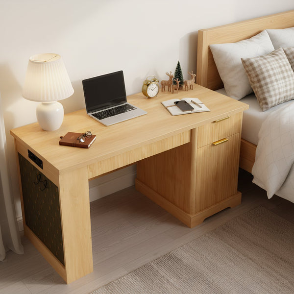 English Elm 55" Fluted White Computer Desk with Power Outlet Pegboard Cabinet and Keyboard Tray W2917P396017
