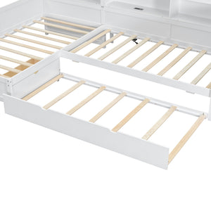 English Elm Wood Twin L-shaped Platform Bed Trundle Shelves Charging Station Kids Room White N7090001045K-1