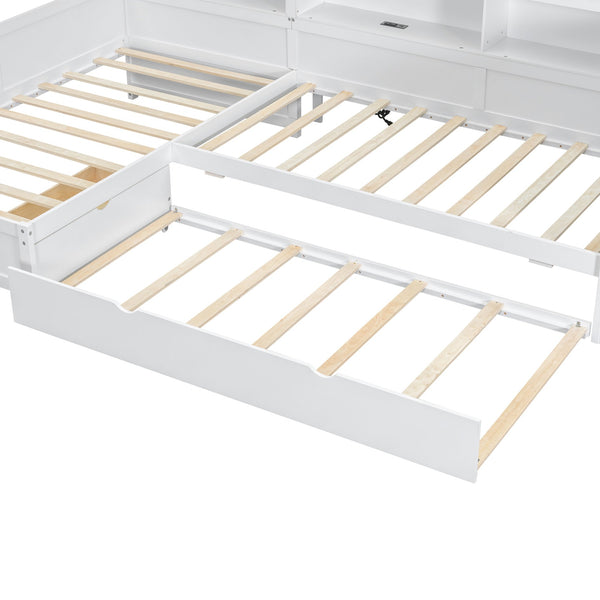 English Elm Wood Twin L-shaped Platform Bed Trundle Shelves Charging Station Kids Room White N7090001045K-1