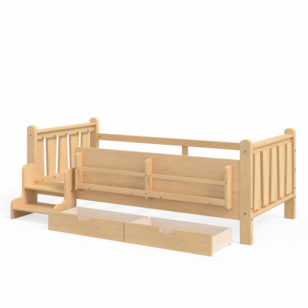 English Elm Twin Pine Floor Bed with Guardrails Built-in Bookcases and Stair Steps for Kids Light Natural W1580P430201