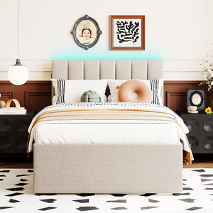 English Elm Teddy Twin Upholstered Platform Bed with Trundle, LED Smart Lighting, Plush Fleece, Sturdy Design Beige SF000055AAA
