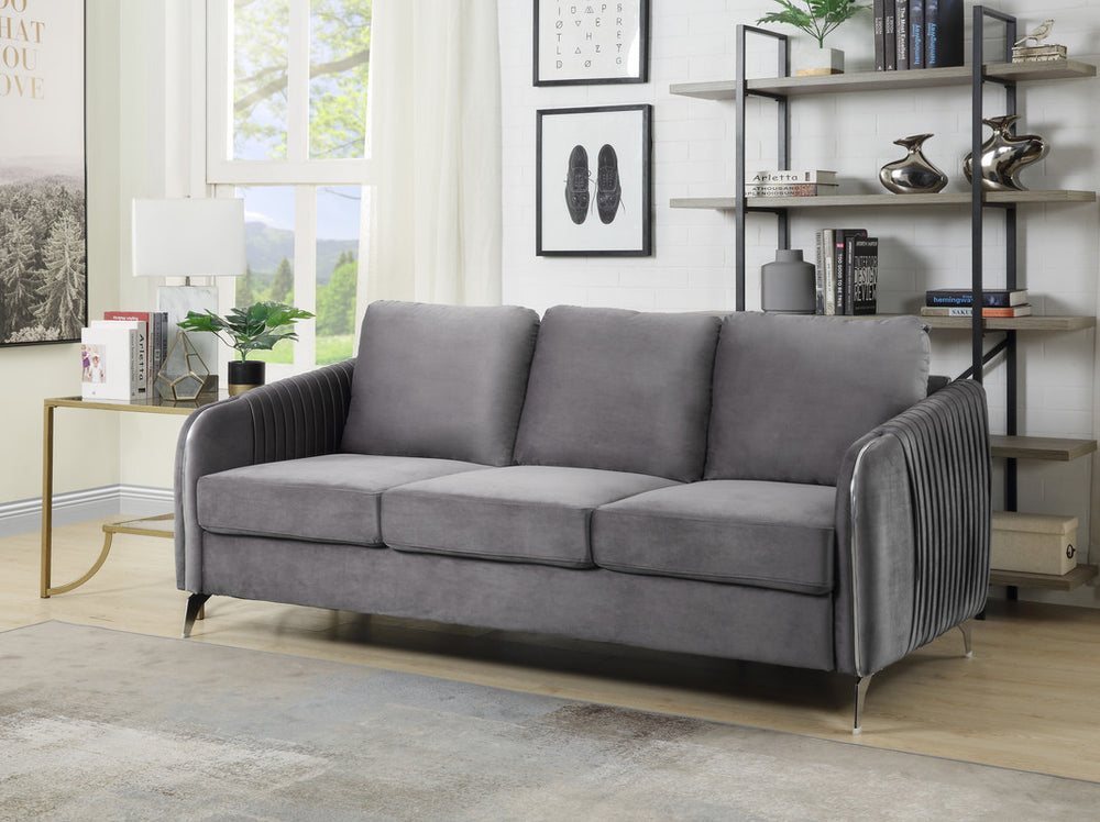 English Elm Hadriano Velvet Channel Quilted Sofa with Chrome Trim Glam Living Room Seating Gray B2749P413390