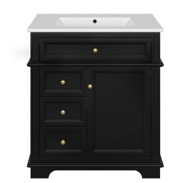 English Elm 30" Freestanding Bathroom Vanity Acacia Wood Matte Black Finish Gold Knobs Ceramic Sink N759P227429B