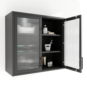 English Elm Retro Wall-Mounted Cabinet with Hazy Tempered Glass Doors, 2 Adjustable Shelves, Steel Black Finish W2378P176274