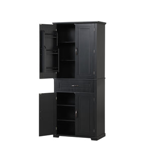 English Elm Bathroom Tall Storage Cabinet with Doors and Drawer, Adjustable Shelf, Anti-Tip Safety, MDF Finish Black N725P210330B