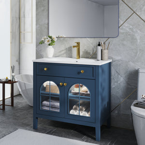 English Elm 35.6" Freestanding Bathroom Vanity with Roman Column Base and Ceramic Integrated Sink Blue W1801S00013