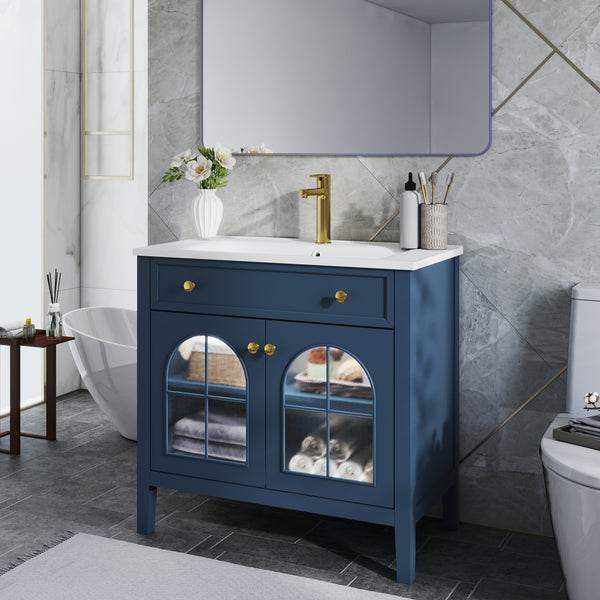 English Elm 35.6" Freestanding Bathroom Vanity with Roman Column Base and Ceramic Integrated Sink Blue W1801S00013