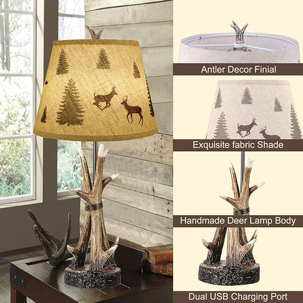 English Elm Farmhouse Deer Antler Table Lamps Set of 2 — Rustic Touch Dimmable Nightstand Lamps with Dual USB Ports W3355P391473