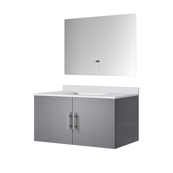 English Elm Dark Grey Bath Vanity Set With Cultured Marble Top & Led Mirror - Stylish Storage Solution For Modern Spaces B2731S00757