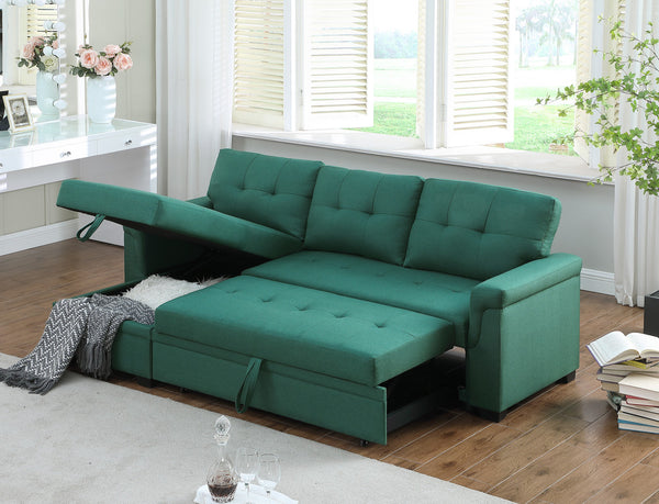 English Elm Jardin Reversible L-shaped Sectional Sleeper Sofa with Chaise Storage and Tufted Fabric Green B2749S00008