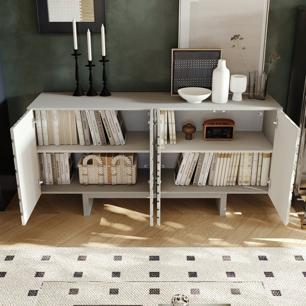 English Elm 63''wide White Sideboard Geometric Groove Mdf Four Door Cabinet for Dining Room T3609P485929