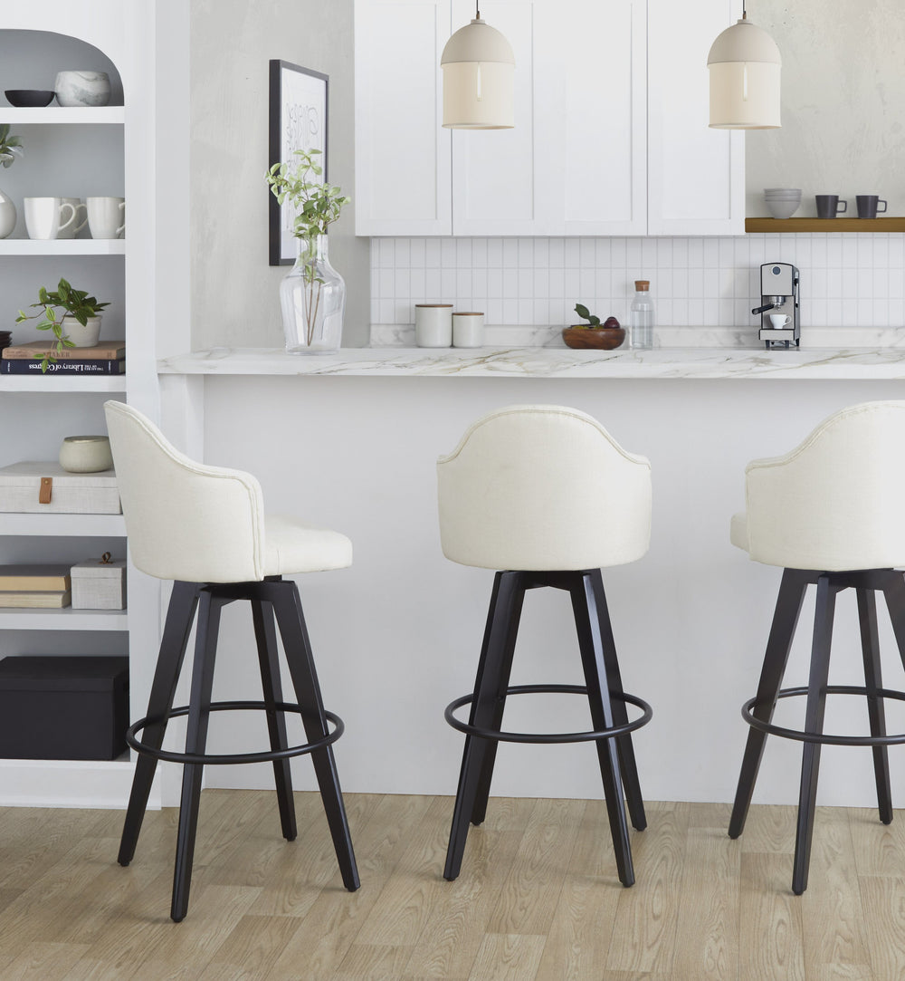 English Elm Fixed-height Swivel Barstools Upholstered Grey Fabric Black Wood Legs Kitchen Set of 2 Cream B202S01868
