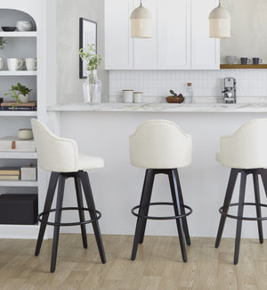 English Elm Fixed-height Swivel Barstools Upholstered Grey Fabric Black Wood Legs Kitchen Set of 2 Cream B202S01868