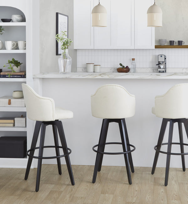 English Elm Fixed-height Swivel Barstools Upholstered Grey Fabric Black Wood Legs Kitchen Set of 2 Cream B202S01868