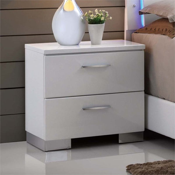 English Elm 2 Drawers Nightstand With Polished Chrome Legs - Sleek High-Gloss White Storage For Modern Bedrooms B016P253012