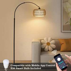 English Elm Arc Floor Lamp With Remote & Dimmable Led Bulb - Adjustable Height, Boho Rattan Shade For Cozy Living Spaces W2738P185417
