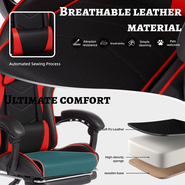 English Elm Deepfurniture Racing Style Gaming Chair Pu Leather Massage Lumbar Footrest Home Office Black+Red W3860P428626