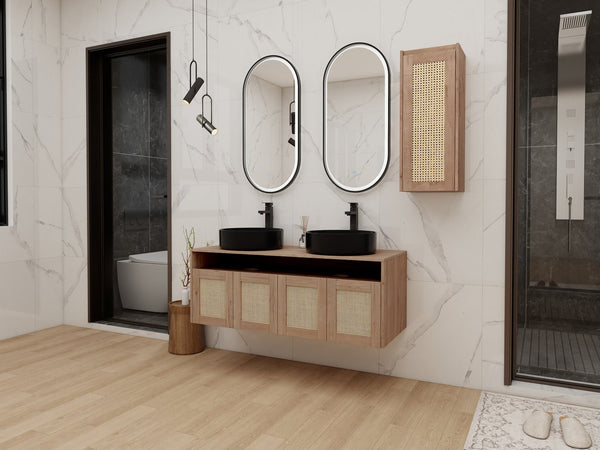 English Elm 48" Floating Bathroom Vanity Oak Finish Dual Ceramic Sinks Four Soft Close Doors W999S00499