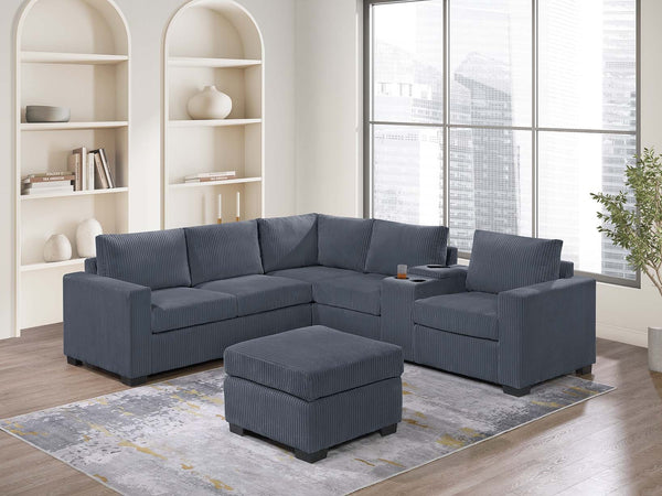 English Elm Modern Fur-Like Corduroy Sectional Sofa Set with USB Console, Ottoman & Plush Pillows for 5 Guests Dark Gray 12 L x 23 W x 33 H B011S01750
