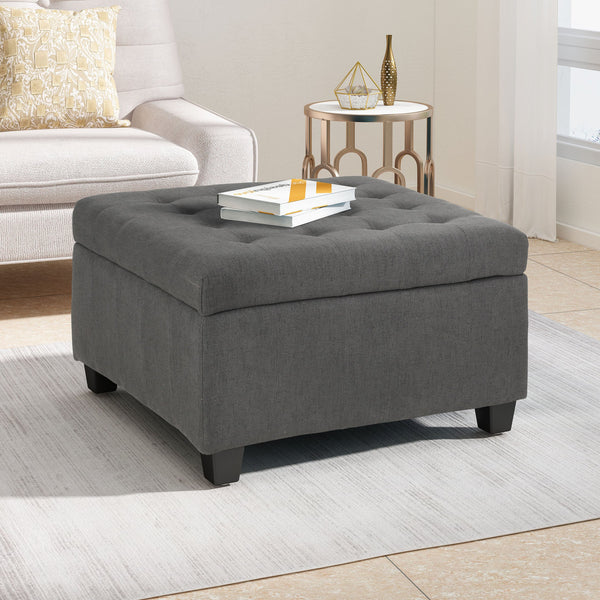 English Elm Upholstered Waffle Tufted Storage Ottoman with Birch Legs for Modern Living Rooms N757P377356E