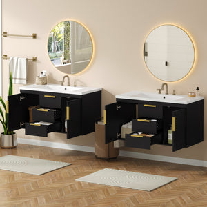 English Elm 72'' Wall Mounted Bathroom Vanity with 4 Drawers & Double Cabinets, Waterproof MDF, Smooth Slide Rails Black N710SS00009B