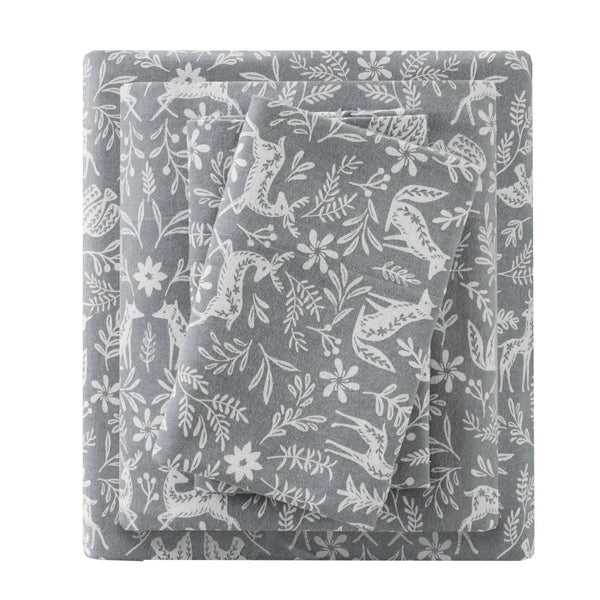 English Elm 4 Pieces Cal King 100% Cotton Flannel Sheet Set - Cozy Sage Winter Fauna Design For Ultimate Comfort B035P381340