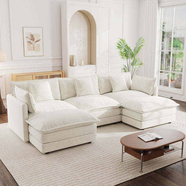 English Elm U-shaped Chenille Sectional Sofa Five Seat Modular Couch with Ottomans for Living Room W714S00560