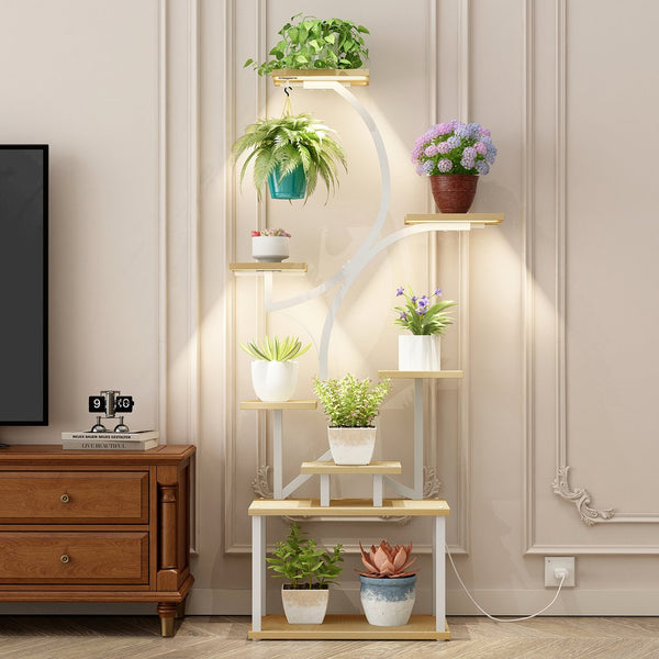 English Elm Plant Stand with Full Spectrum Grow Lights 8 Tier S Shaped Iron Corner Display Rack White+Natural W2641P446508