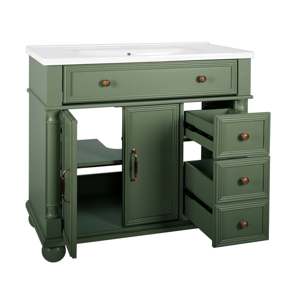 English Elm 35.6" Freestanding Bathroom Vanity with Roman Column Base and Ceramic Integrated Sink W1801S00008