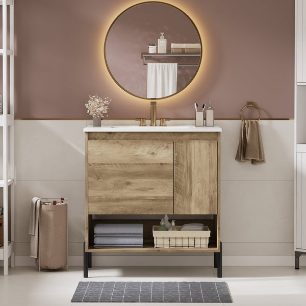 English Elm 30" Modern Wood Bathroom Vanity with Ceramic Sink, Soft-Close Door, Drawer Dividers & Open Shelf N710P247136P