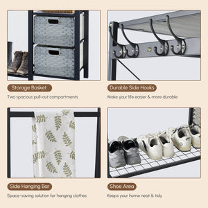 English Elm Acacia Wood Garment Rack with Shelves, 2 Wicker Drawers, 4 Hooks & 300lb Capacity — Light Gray W2391P290024